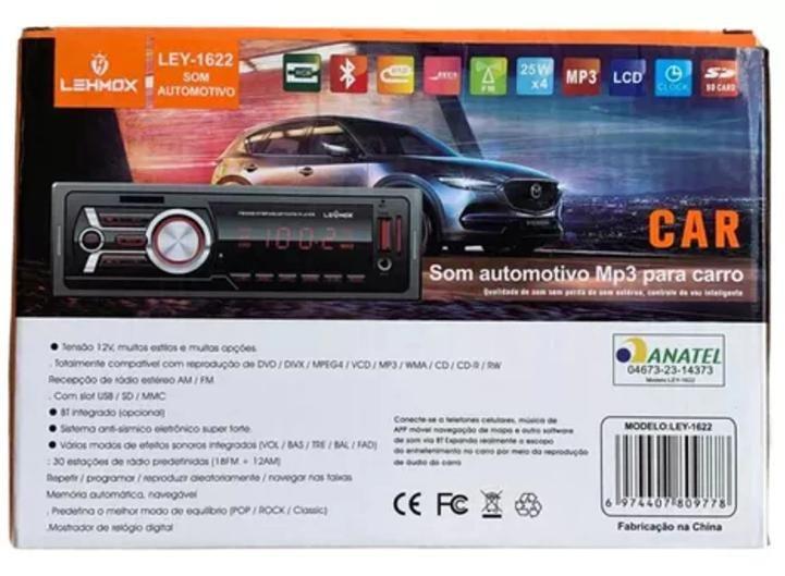 Som Automotivo Lehmox Ley-1622 Rádio Bluetooth FM MP3 com